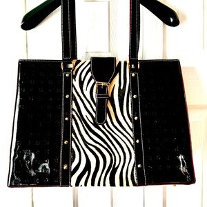 Black Patent Leather Arcadia Bag with Zebra Print Calf Skin